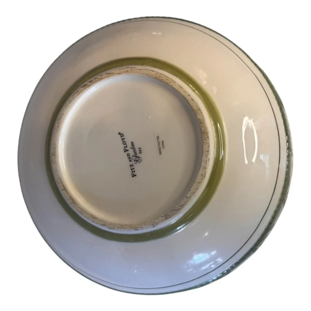 Fitz and Floyd Giardino Serving Bowl Handcrafted Ceramic Green Floral Round 9in